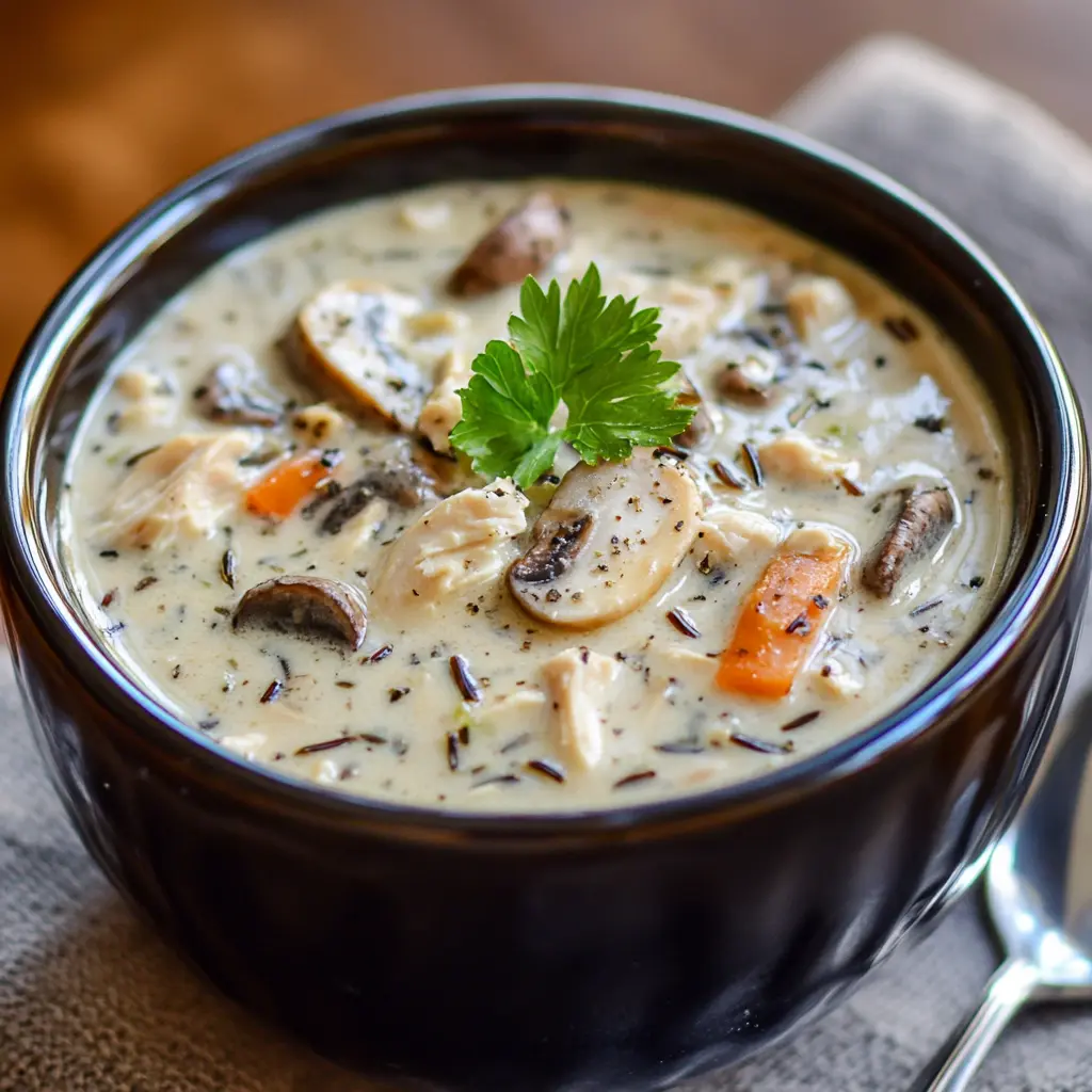 A close-up view of a creamy chicken and mushroom soup with wild rice and sliced carrots, served in a dark bowl and garnished with a fresh parsley leaf.