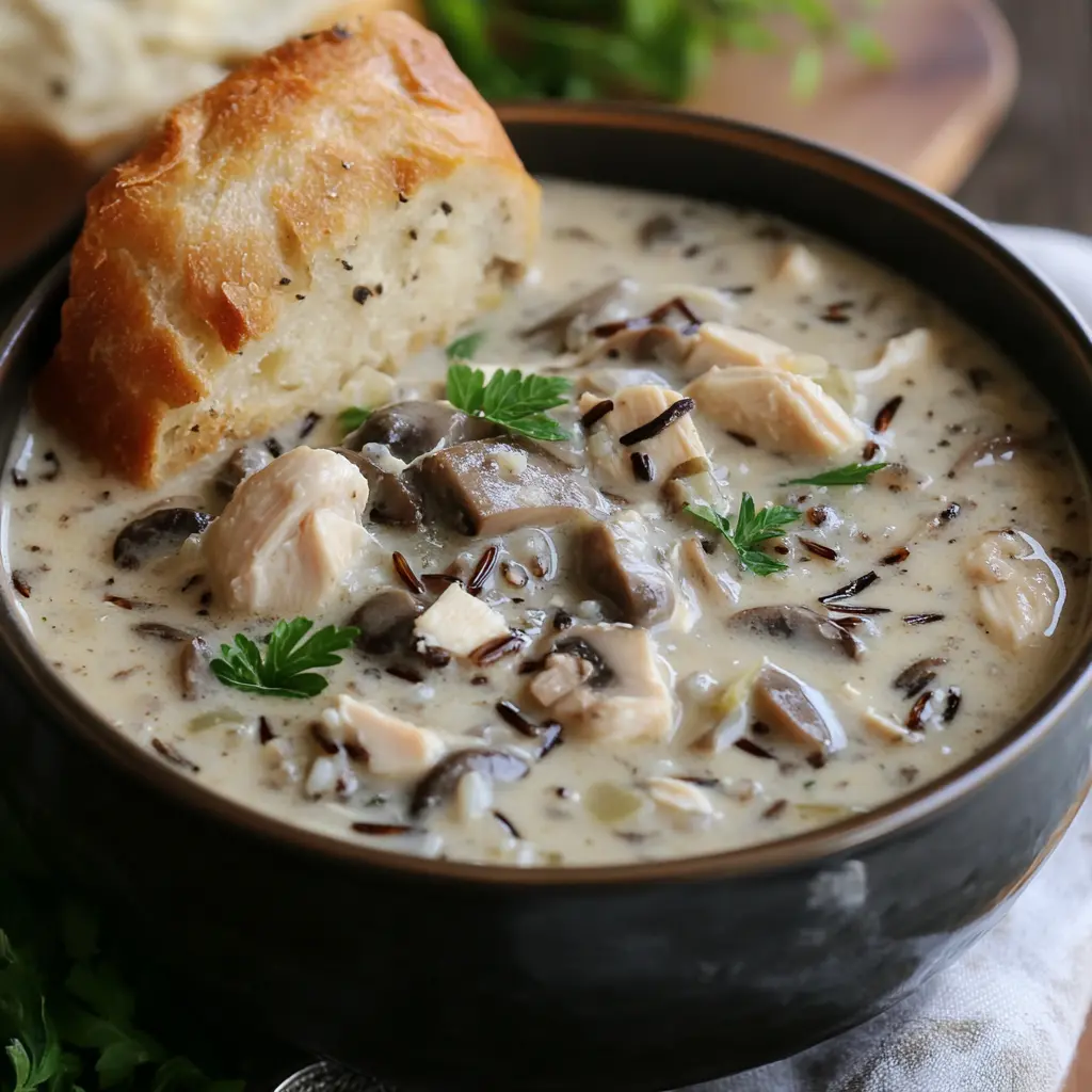 A close-up of creamy chicken and mushroom soup with wild rice, topped with fresh parsley and a bread slice.