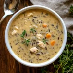 A creamy bowl of thickened chicken wild rice soup garnished with fresh herbs.