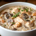 A warm, comforting bowl of creamy mushroom chicken and wild rice soup topped with fresh herbs and surrounded by rustic bread.