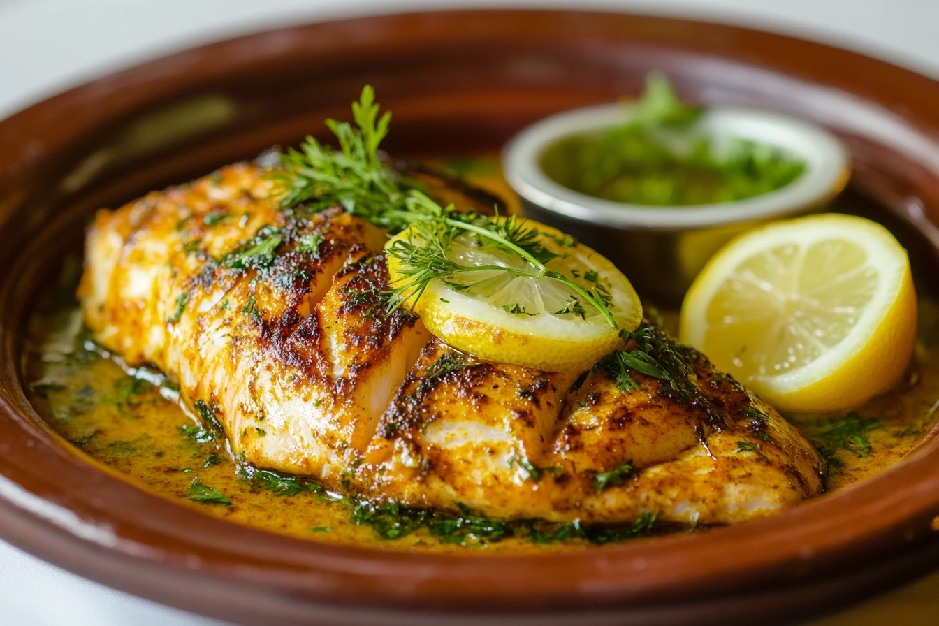 A beautifully plated fillet of fish garnished with a fresh lemon slice and herbs.