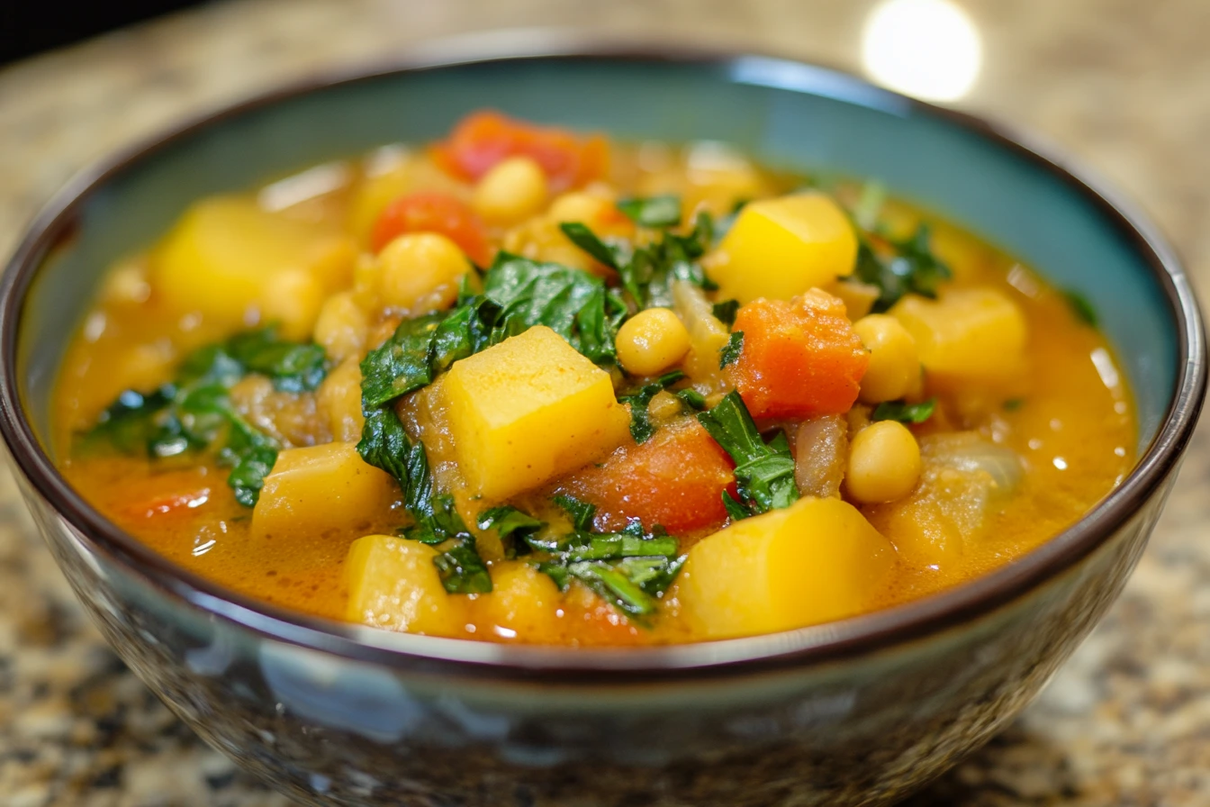 A bowl of homemade soup with rich, golden broth, fresh herbs, and vibrant vegetables.