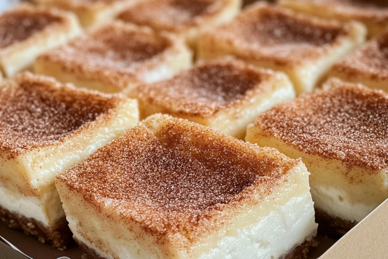 A close-up view of freshly baked cinnamon sugar cheesecake bars, arranged neatly in a box.